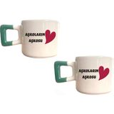 Mor Mürekkep Aşkoların Aşkosu Baskılı Yeşil Kare Kupa Set - Açık Gri - Beyaz - 200 ml