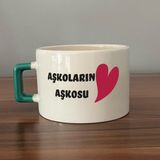 Mor Mürekkep Aşkoların Aşkosu Baskılı Yeşil Kulplu C Sevgililer Günü Fincanı - Açık Gri - Beyaz - 200 ml