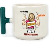 Mor Mürekkep Asosyal Değilim Insan Sevmiyorum Baskılı Yeşil Kulplu T Kupa - Açık Gri - Beyaz - 200 ml