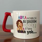 Mor Mürekkep Aura Meselesi Bu Şekerim Baskılı Kırmızı Kulplu D Kupa - Açık Gri - Beyaz - 200 ml