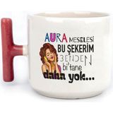 Mor Mürekkep Aura Meselesi Bu Şekerim Baskılı Kırmızı Kulplu T Kupa - Açık Gri - Beyaz - 200 ml