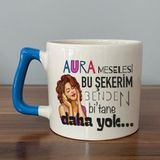 Mor Mürekkep Aura Meselesi Bu Şekerim Baskılı Mavi Kulplu D Kupa - Açık Gri - Beyaz - 200 ml