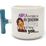 Mor Mürekkep Aura Meselesi Bu Şekerim Baskılı Mavi Kulplu T Kupa - Açık Gri - Beyaz - 200 ml