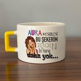 Mor Mürekkep Aura Meselesi Bu Şekerim Baskılı Sarı Kulplu C Fincan - Açık Gri - Beyaz - 200 ml