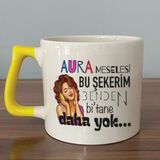 Mor Mürekkep Aura Meselesi Bu Şekerim Baskılı Sarı Kulplu D Kupa - Açık Gri - Beyaz - 200 ml
