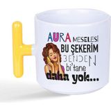Mor Mürekkep Aura Meselesi Bu Şekerim Baskılı Sarı Kulplu T Kupa - Açık Gri - Beyaz - 200 ml