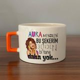 Mor Mürekkep Aura Meselesi Bu Şekerim Baskılı Turuncu Kulplu C Fincan - Açık Gri - Beyaz - 200 ml