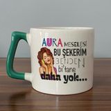Mor Mürekkep Aura Meselesi Bu Şekerim Baskılı Yeşil Kulplu D Kupa - Açık Gri - Beyaz - 200 ml