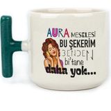 Mor Mürekkep Aura Meselesi Bu Şekerim Baskılı Yeşil Kulplu T Kupa - Açık Gri - Beyaz - 200 ml