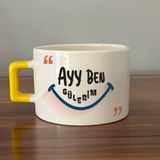 Mor Mürekkep Ayy Benim Gülerim Baskılı Sarı Kulplu C Fincan - Açık Gri - Beyaz - 200 ml
