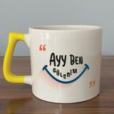 Mor Mürekkep Ayy Benim Gülerim Baskılı Sarı Kulplu D Kupa - Açık Gri - Beyaz - 200 ml