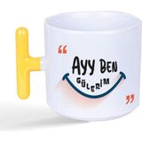 Mor Mürekkep Ayy Benim Gülerim Baskılı Sarı Kulplu T Kupa - Açık Gri - Beyaz - 200 ml