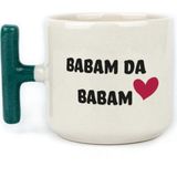 Mor Mürekkep Babam Da Babam Baskılı Yeşil Kulplu T Kupa - Açık Gri - Beyaz - 200 ml