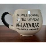 Mor Mürekkep Benimle Sorunu Olan Varsa Ağlayarak Günlüğüne Yazabilir Baskılı Siyah Kulplu Balon Kupa - Açık Gri - Beyaz - 200 ml