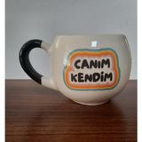 Mor Mürekkep Canım Kendim Baskılı Siyah Kulplu Balon Kupa - Açık Gri - Beyaz - 200 ml