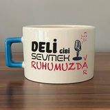 Mor Mürekkep Deli Gibi Sevmek Ruhumuzda Var Baskılı Mavi Kulplu C Fincan - Açık Gri - Beyaz - 200 ml