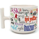 Mor Mürekkep Dilekler Baskılı Beyaz Kulplu T Yılbaşı Kupası - Açık Gri - Beyaz - 200 ml