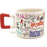 Mor Mürekkep Dilekler Baskılı Kırmızı Kulplu Kare Yılbaşı Kupası - Açık Gri - Beyaz - 200 ml