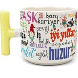 Mor Mürekkep Dilekler Baskılı Sarı Kulplu T Yılbaşı Kupası - Açık Gri - Beyaz - 200 ml