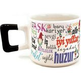 Mor Mürekkep Dilekler Baskılı Siyah Kulplu Kare Yılbaşı Kupası - Açık Gri - Beyaz - 200 ml