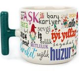 Mor Mürekkep Dilekler Baskılı Yeşil Kulplu T Yılbaşı Kupası - Açık Gri - Beyaz - 200 ml