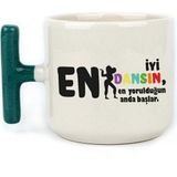 Mor Mürekkep En Iyi Dansın Baskılı Kadınlar Günü Yeşil Kulplu T Kupa - Açık Gri - Beyaz - 200 ml