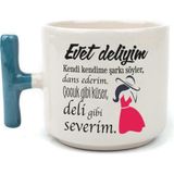 Mor Mürekkep Evet Deliyim Baskılı Kadınlar Günü Mavi Kulplu T Kupa - Açık Gri - Beyaz - 200 ml
