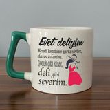 Mor Mürekkep Evet Deliyim Baskılı Kadınlar Günü Yeşil Kulplu D Kupa - Açık Gri - Beyaz - 200 ml