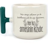Mor Mürekkep Her Kız Annesinin Kızıdır Baskılı Yeşil Kulplu T Kupa - Açık Gri - Beyaz - 200 ml