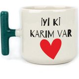 Mor Mürekkep Iyi Ki Karım Var Baskılı Yeşil Kulplu T Sevgililer Günü Kupası - Açık Gri - Beyaz - 200 ml