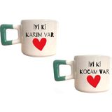 Mor Mürekkep Iyi Ki Kocam Var, Iyi Ki Karım Var Baskılı Yeşil Kare Kupa Set - Açık Gri - Beyaz - 200 ml