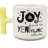 Mor Mürekkep Joyumuz Yerinde Olsun Baskılı Sarı Kulplu T Yılbaşı Kupası - Açık Gri - Beyaz - 200 ml