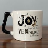 Mor Mürekkep Joyumuz Yerinde Olsun Baskılı Siyah Kulplu D Yılbaşı Kupası - Açık Gri - Beyaz - 200 ml