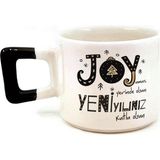 Mor Mürekkep Joyumuz Yerinde Olsun Baskılı Siyah Kulplu Kare Yılbaşı Kupası - Açık Gri - Beyaz - 200 ml