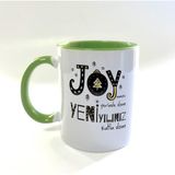 Mor Mürekkep Joyumuz Yerinde Olsun Baskılı Yeşil Kulplu Içi Yeşil Yılbaşı Kupası - Açık Gri - Beyaz - 200 ml