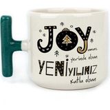 Mor Mürekkep Joyumuz Yerinde Olsun Baskılı Yeşil Kulplu T Yılbaşı Kupası - Açık Gri - Beyaz - 200 ml