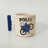 Mor Mürekkep Kişiye Özel Polis Kelepçe Baskılı Mavi Kulplu T Kupa - Açık Gri - Beyaz - 200 ml