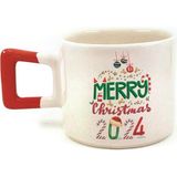 Mor Mürekkep Merry Christmas 2024 Baskılı Kırmızı Kulplu Kare Yılbaşı Kupası - Açık Gri - Beyaz - 200 ml