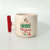 Mor Mürekkep Merry Christmas 2024 Baskılı Kırmızı Kulplu T Yılbaşı Kupası - Açık Gri - Beyaz - 200 ml