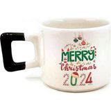 Mor Mürekkep Merry Christmas 2024 Baskılı Siyah Kulplu Kare Yılbaşı Kupası - Açık Gri - Beyaz - 200 ml
