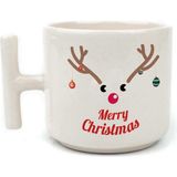 Mor Mürekkep Merry Christmas Geyik Baskılı Beyaz Kulplu T Yılbaşı Kupası - Açık Gri - Beyaz - 200 ml