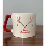 Mor Mürekkep Merry Christmas Geyik Baskılı Kırmızı Kulplu D Yılbaşı Kupası - Açık Gri - Beyaz - 200 ml