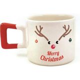 Mor Mürekkep Merry Christmas Geyik Baskılı Kırmızı Kulplu Kare Yılbaşı Kupası - Açık Gri - Beyaz - 200 ml