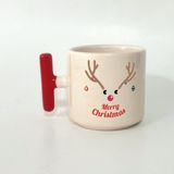 Mor Mürekkep Merry Christmas Geyik Baskılı Kırmızı Kulplu T Yılbaşı Kupası - Açık Gri - Beyaz - 200 ml