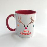 Mor Mürekkep Merry Christmas Geyik Baskılı Kırmızı Mega Yılbaşı Kupası - Açık Gri - Beyaz - 200 ml