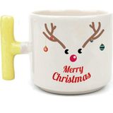 Mor Mürekkep Merry Christmas Geyik Baskılı Sarı Kulplu T Yılbaşı Kupası - Açık Gri - Beyaz - 200 ml