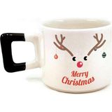 Mor Mürekkep Merry Christmas Geyik Baskılı Siyah Kulplu Kare Yılbaşı Kupası - Açık Gri - Beyaz - 200 ml