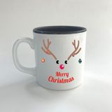 Mor Mürekkep Merry Christmas Geyik Baskılı Siyah Multi Yılbaşı Kupası - Açık Gri - Beyaz - 200 ml