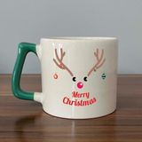 Mor Mürekkep Merry Christmas Geyik Baskılı Yeşil Kulplu D Yılbaşı Kupası - Açık Gri - Beyaz - 200 ml