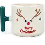 Mor Mürekkep Merry Christmas Geyik Baskılı Yeşil Kulplu T Yılbaşı Kupası - Açık Gri - Beyaz - 200 ml